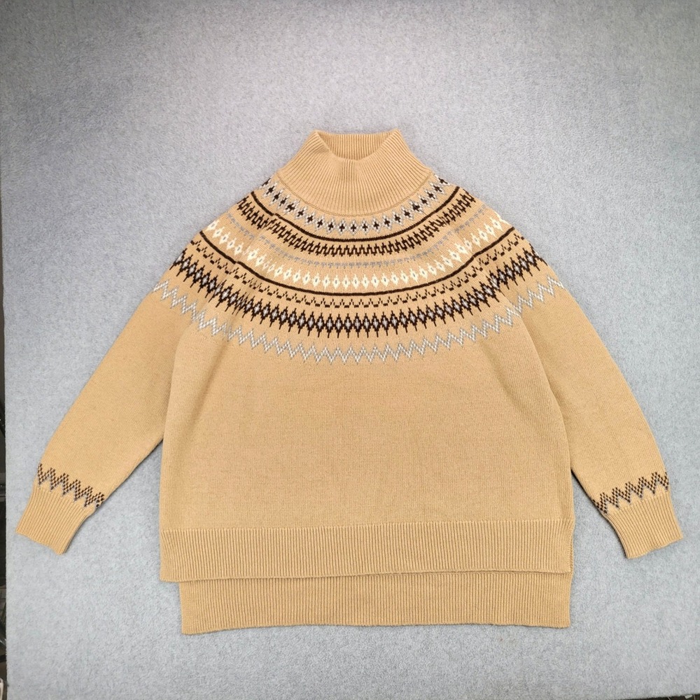 Tuckernuck Fair Isle Mock Neck Sweater Women XL Tan Wool Cashmere Blend